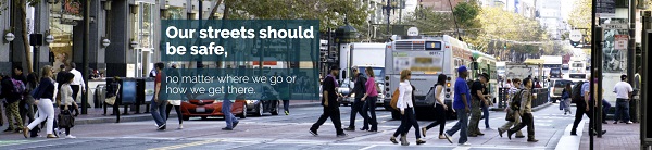 Image from Vision Zero San Francisco homepage shows vehicles on a road while people cross at a crosswalk.